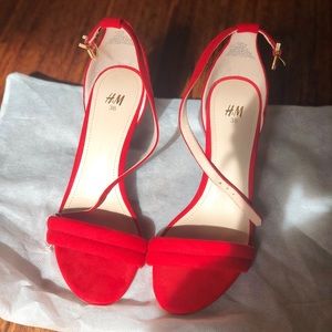 H&M Red Faux Suede Strappy Kitten Heels